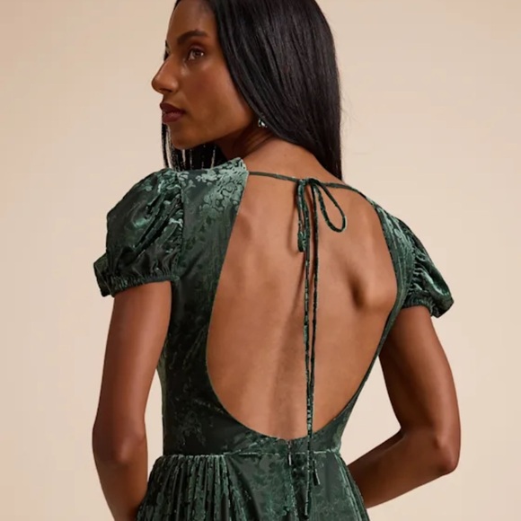 Lulus Arlie Emerald Velvet Burnout Puff Sleeve Midi Dress - Picture 5 of 7
